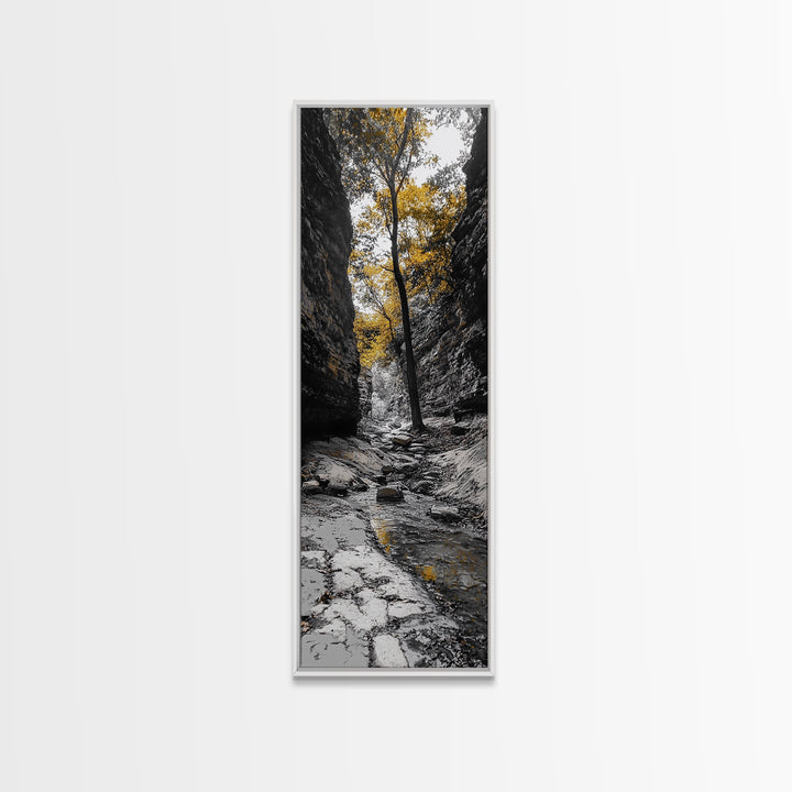 Autumn Gorge, Fall Stream, Yellow Trees, Nature Canyon Trail, Framed Canvas Print, Rustic Hallway Decor, Cozy Autumn Living Room Art
