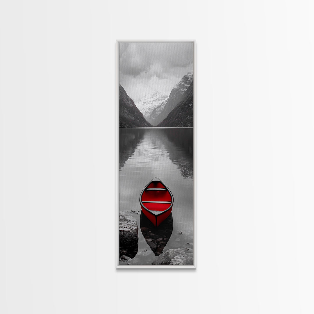Red Canoe, Mountain Lake, Minimalist Reflection, Snowy Peaks, Framed Canvas Print, Nordic Cabin Wall Art, Serene Bedroom Decor