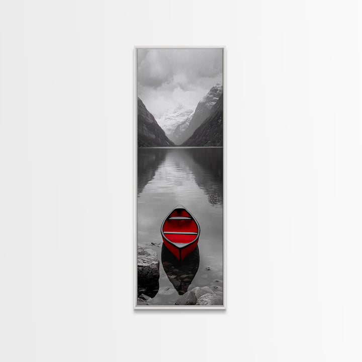 Red Canoe, Mountain Lake, Minimalist Reflection, Snowy Peaks, Framed Canvas Print, Nordic Cabin Wall Art, Serene Bedroom Decor