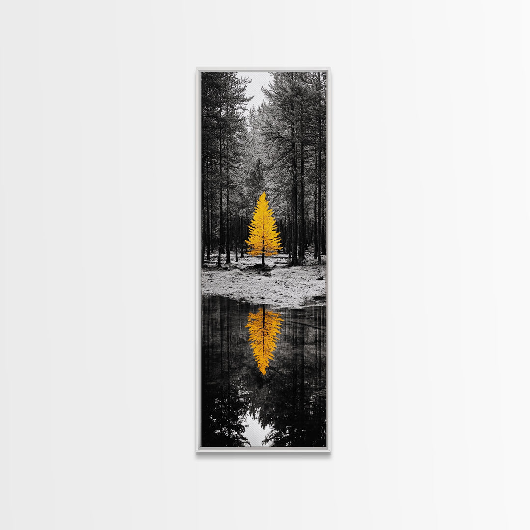 Golden Tree, Forest Reflection, Autumn Solitude, Nature Focused Minimalism, Framed Canvas Print, Zen Bathroom or Office Wall Art