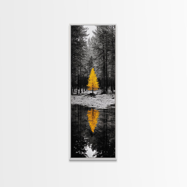 Golden Tree, Forest Reflection, Autumn Solitude, Nature Focused Minimalism, Framed Canvas Print, Zen Bathroom or Office Wall Art