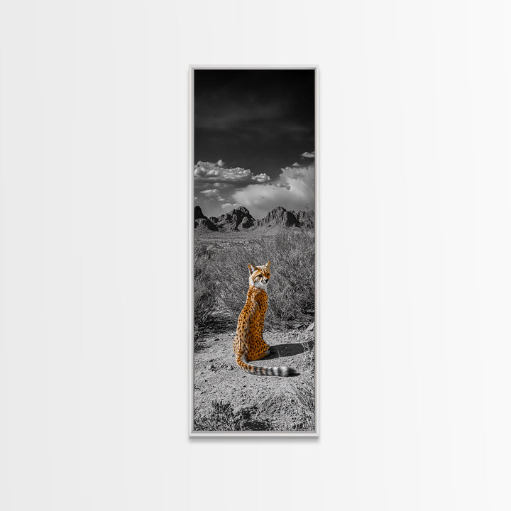 Wild Serval, Desert Cat, Savannah Wildlife, Majestic Predator, Framed Canvas Print, Safari Theme Living Room Wall Art, Modern Nature Decor