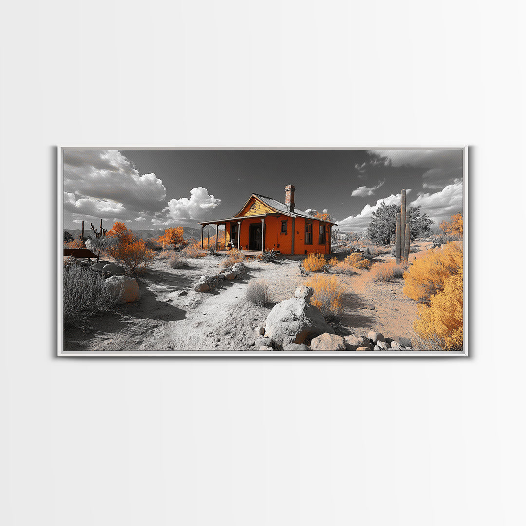 Desert Cabin, Rustic Southwest, Boho Landscape, Autumn Decor, Framed Canvas Print, Living Room Wall Art, Warm Earth Tones, Western Vibes