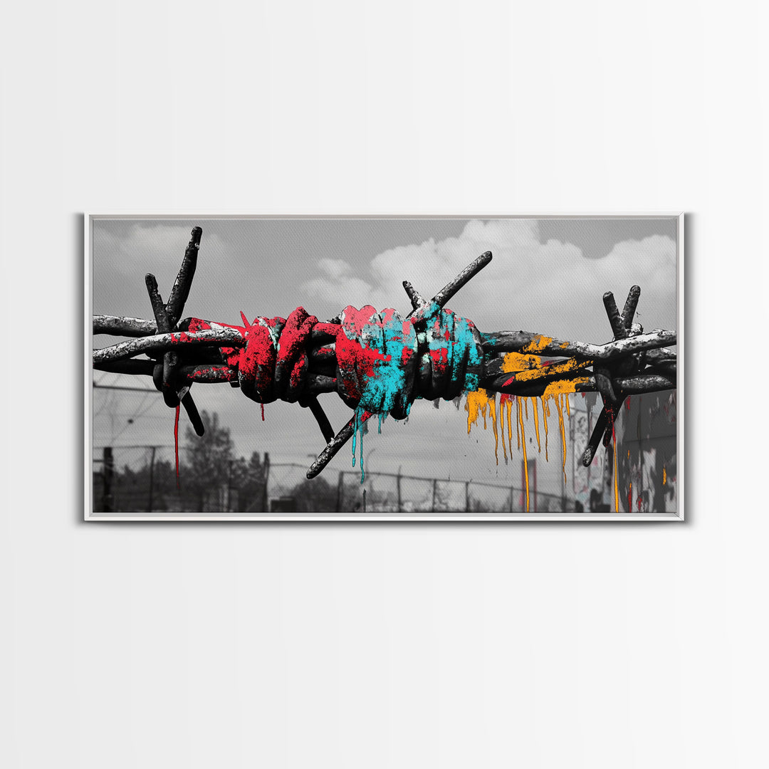 Barbed Wire, Graffiti Art, Urban Street Style, Grunge Decor, Framed Canvas Print, Industrial Wall Art, Dripping Paint, Mixed Media Style