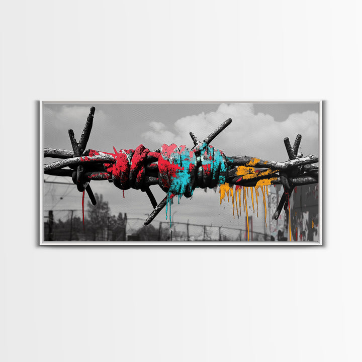 Barbed Wire, Graffiti Art, Urban Street Style, Grunge Decor, Framed Canvas Print, Industrial Wall Art, Dripping Paint, Mixed Media Style