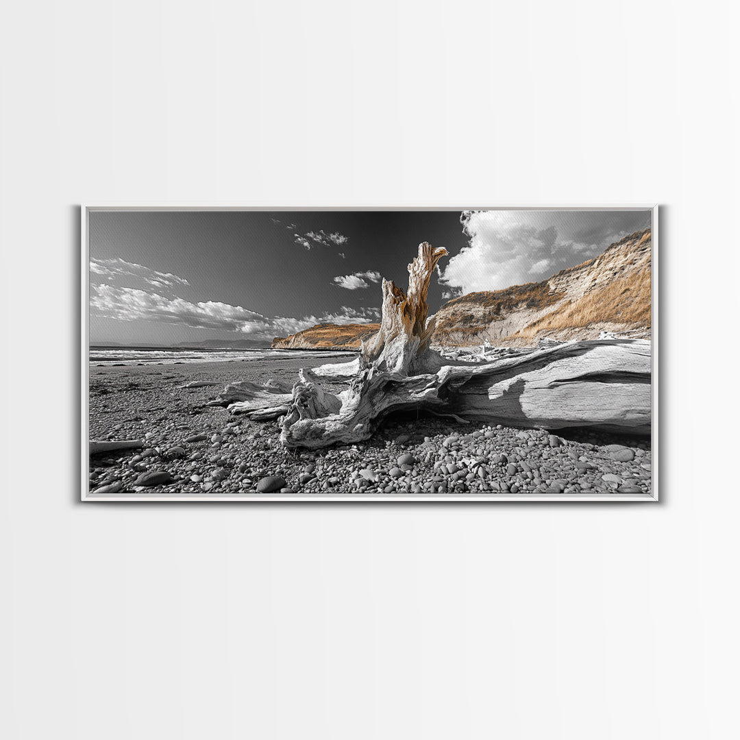 Coastal Driftwood, Beach Scene, Natural Texture, Modern Rustic, Framed Canvas Print, Neutral Tones, Office Wall Art, Coastal Vibe Decor