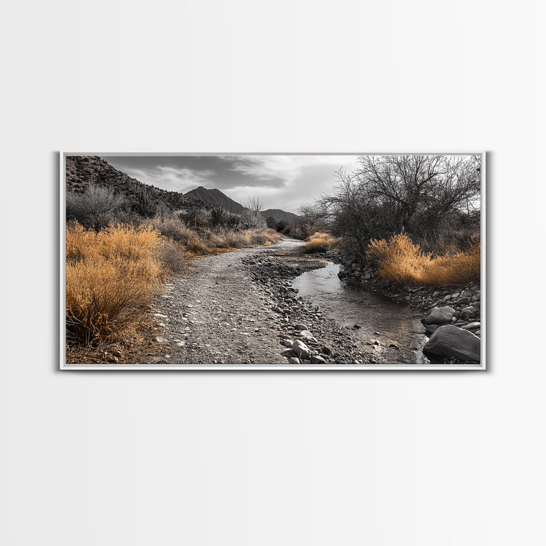 Autumn Path, Golden Bushes, Seasonal Stream, Fall Foliage, Framed Canvas Print, Cozy Entryway Decor, Rustic Wall Art, Nature Inspired