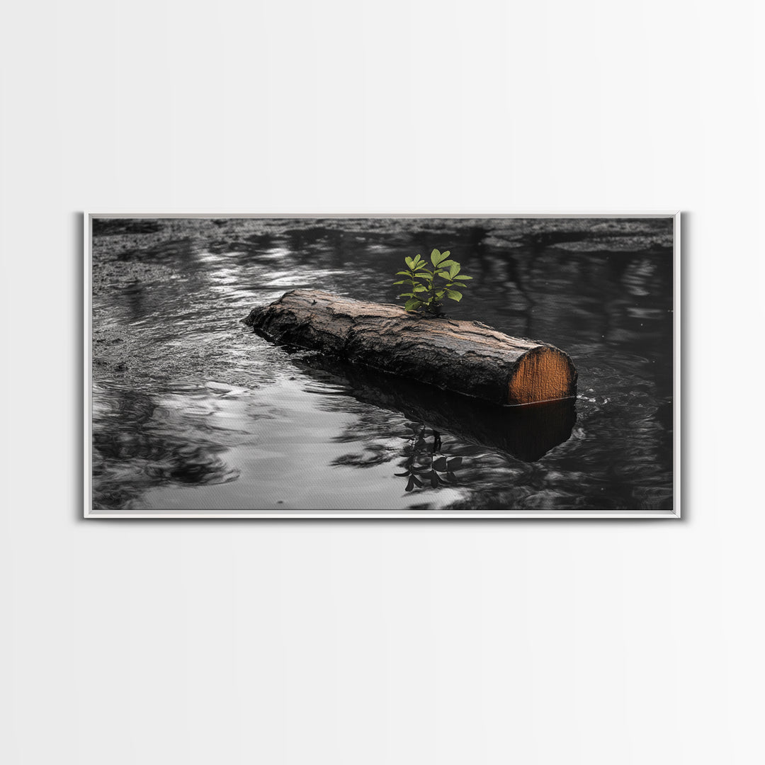 Nature Log, Life Grows, Floating Tree, Framed Canvas Print, Minimalist Growth Art, Nature Symbolism, Office Inspiration, Calm Wall Art