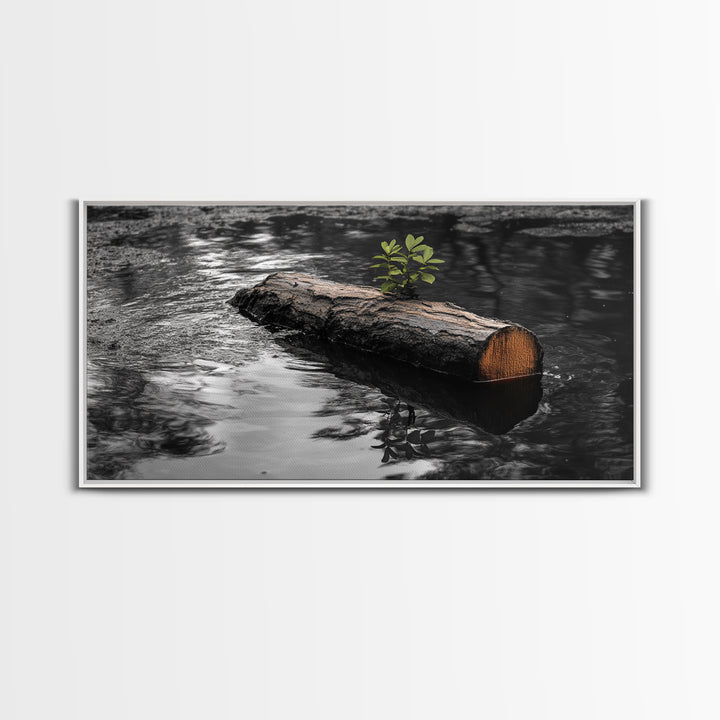 Nature Log, Life Grows, Floating Tree, Framed Canvas Print, Minimalist Growth Art, Nature Symbolism, Office Inspiration, Calm Wall Art