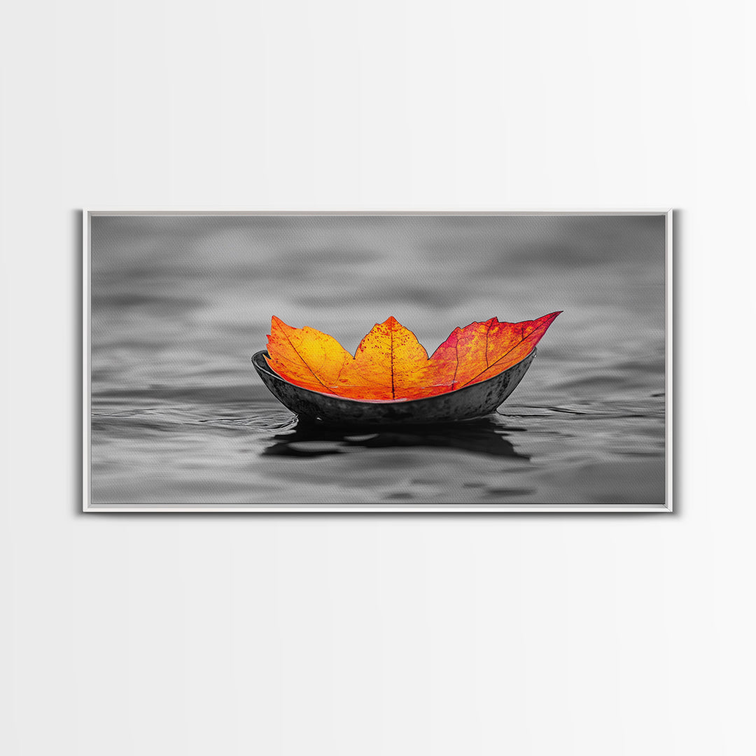 Autumn Leaf, Floating Bowl, Red Yellow Decor, Framed Canvas Print, Cozy Fall Art, Thanksgiving Wall Art, Kitchen Decor, Minimalist Style