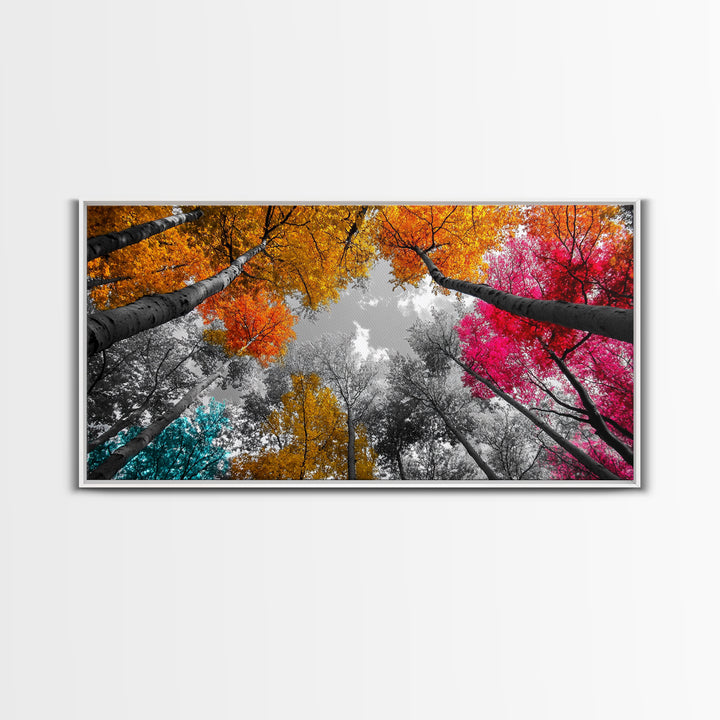 Autumn Trees, Colorful Forest, Fall Foliage, Looking Up, Framed Canvas Print, Vibrant Nature, Living Room Wall Art, Boho Style