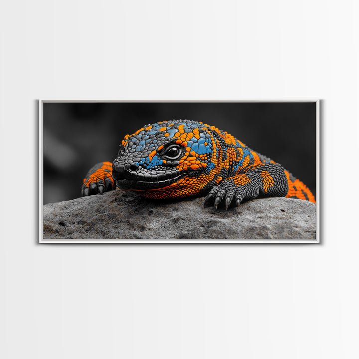 Colorful Lizard, Wildlife Closeup, Exotic Creature, Nature Bold, Framed Canvas Print, Reptile Lover Gift, Office Wall Art, Vibrant Wildlife Art