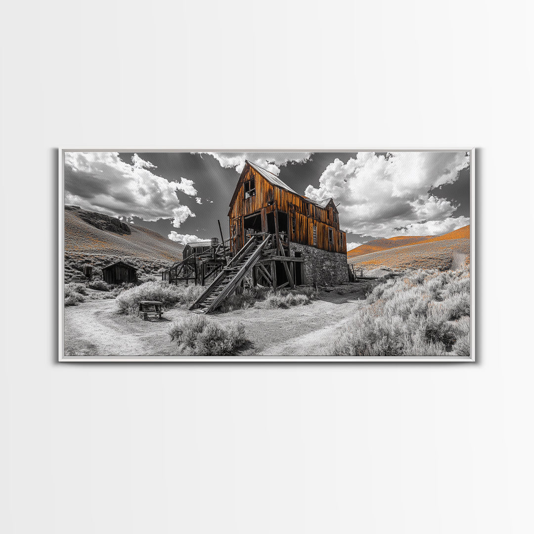 Desert Barn, Rustic Landscape, Western Vibes, Autumn Glow, Framed Canvas Print, Farmhouse Wall Art, Abandoned Homestead Photography