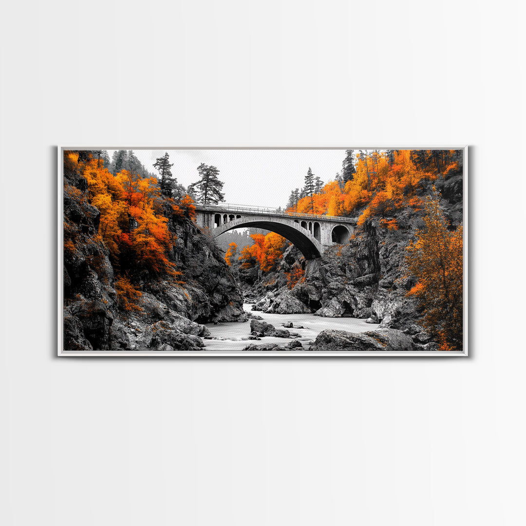 Autumn Bridge, River Gorge, Rustic Nature, Fall Trees, Framed Canvas Print, Cabin Wall Art, Seasonal Decor, Scenic Travel Landscape