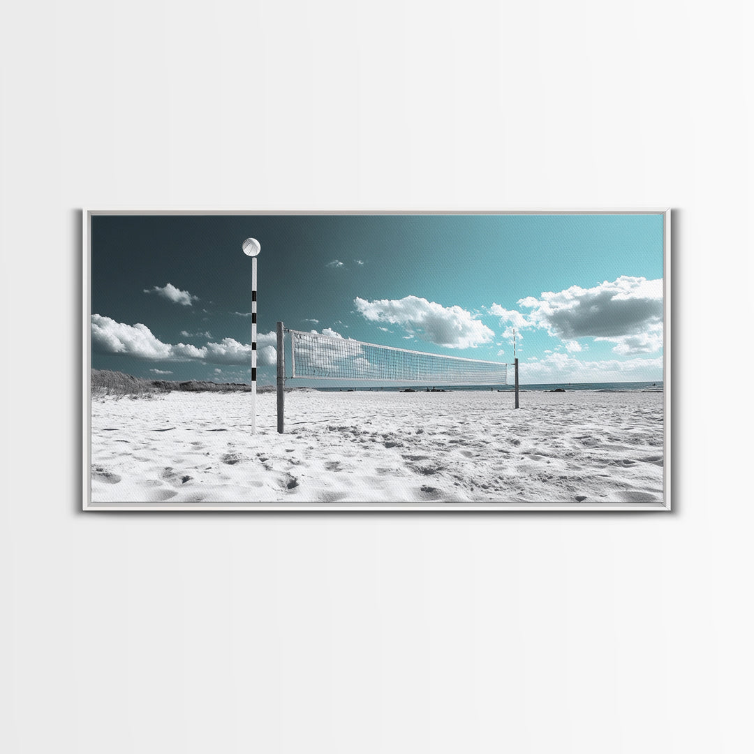 Beach Volleyball, Summer Sport, Minimalist Beach Scene, Sky Art, Framed Canvas Print, Game Room Wall Art, Coastal Modern Decor