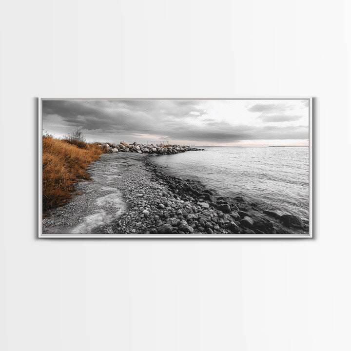 Coastal Path, Stormy Shore, Serene View, Monochrome Mood, Framed Canvas Print, Beach Wall Art, Peaceful Nature, Seaside Photography Decor