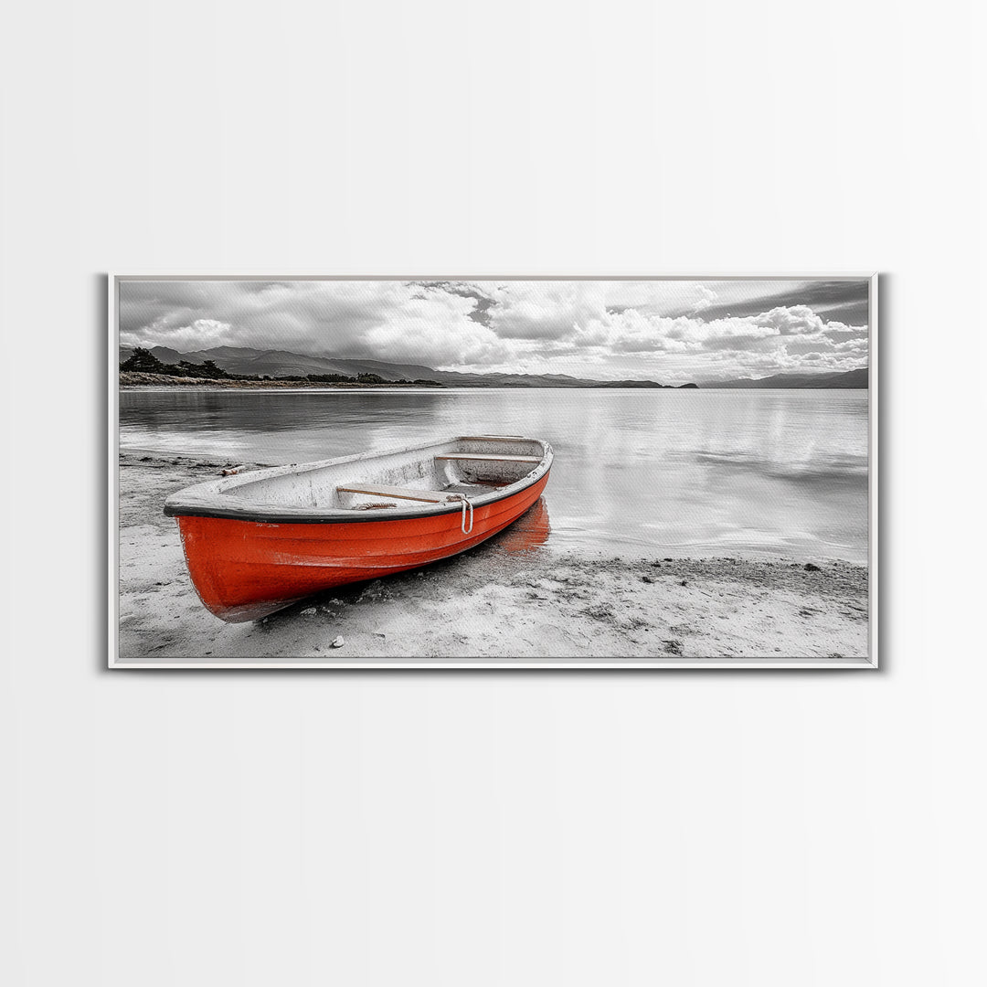 Beached Boat, Calm Waters, Cloudy Horizon, Serene Coastline, Framed Canvas Print, Coastal Wall Art, Minimalist Home Decor, Beach House