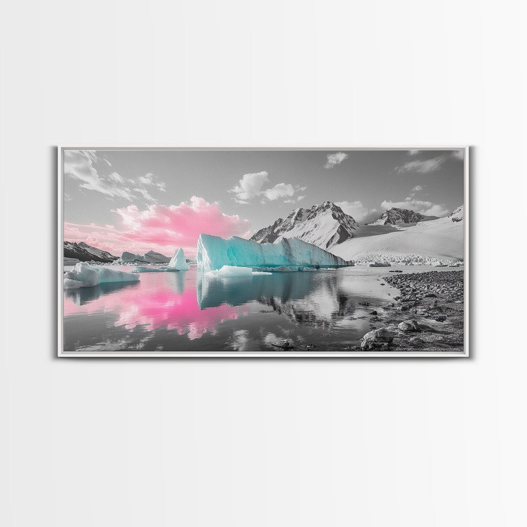 Blue Icebergs, Pink Sky, Glacial Lake, Arctic Dreamscape – Canvas Print, Nature Photography Art, Bedroom Wall Art, Serene Winter Decor