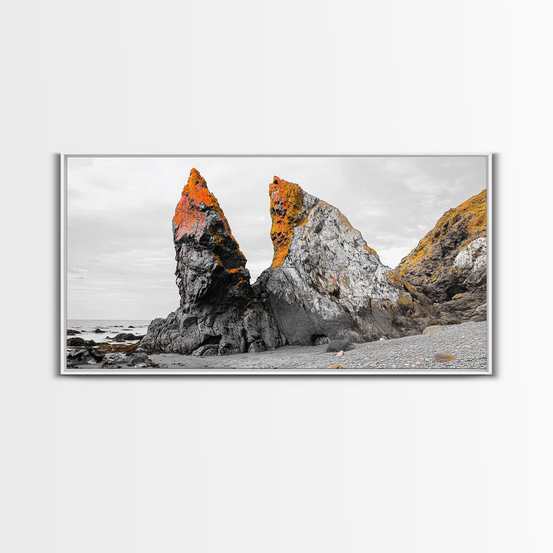 Rocky Cliffs, Orange Moss, Ocean Landscape, Coastal Vibe – Framed Canvas Print, Nature Wall Art, Fall Inspired Decor, Bathroom or Hallway
