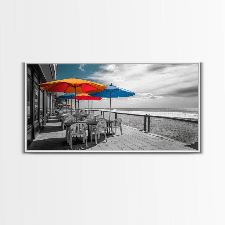 Ocean Café, Coastal Dining, Bright Umbrellas, Seaside View, Framed Canvas Print, Kitchen Wall Art, Beachfront Vibe, Color Pop Style