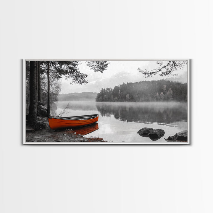 Misty Lake, Orange Boat, Forest Reflections, Foggy Calm – Canvas Print, Nature Wall Art, Fall Cabin Decor, Cozy Landscape Photography