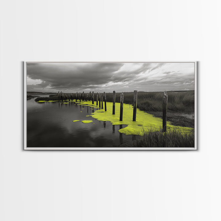 Coastal Marsh, Minimalist Nature, Black and White Art, Modern Decor, Framed Canvas Print, Bathroom Wall Art, Yellow Accents, Serene Mood