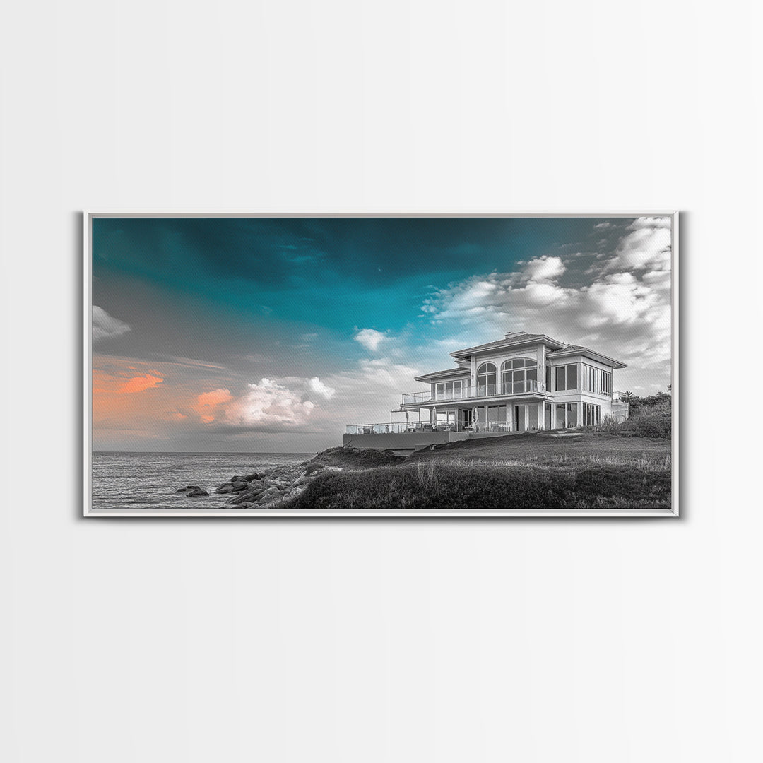 Beach House, Coastal Sunset, Ocean View, Framed Canvas Print, Modern Coastal Decor, Living Room Art, Ocean Sky Photography