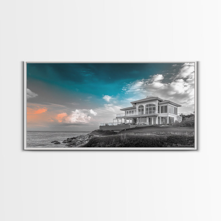 Beach House, Coastal Sunset, Ocean View, Framed Canvas Print, Modern Coastal Decor, Living Room Art, Ocean Sky Photography