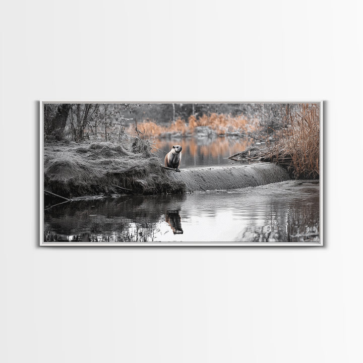River Otter View, Wildlife Scene, Autumn Nature, Moody Landscape, Framed Canvas Print, Cabin Decor, Animal Wall Art, Woodland Aesthetic