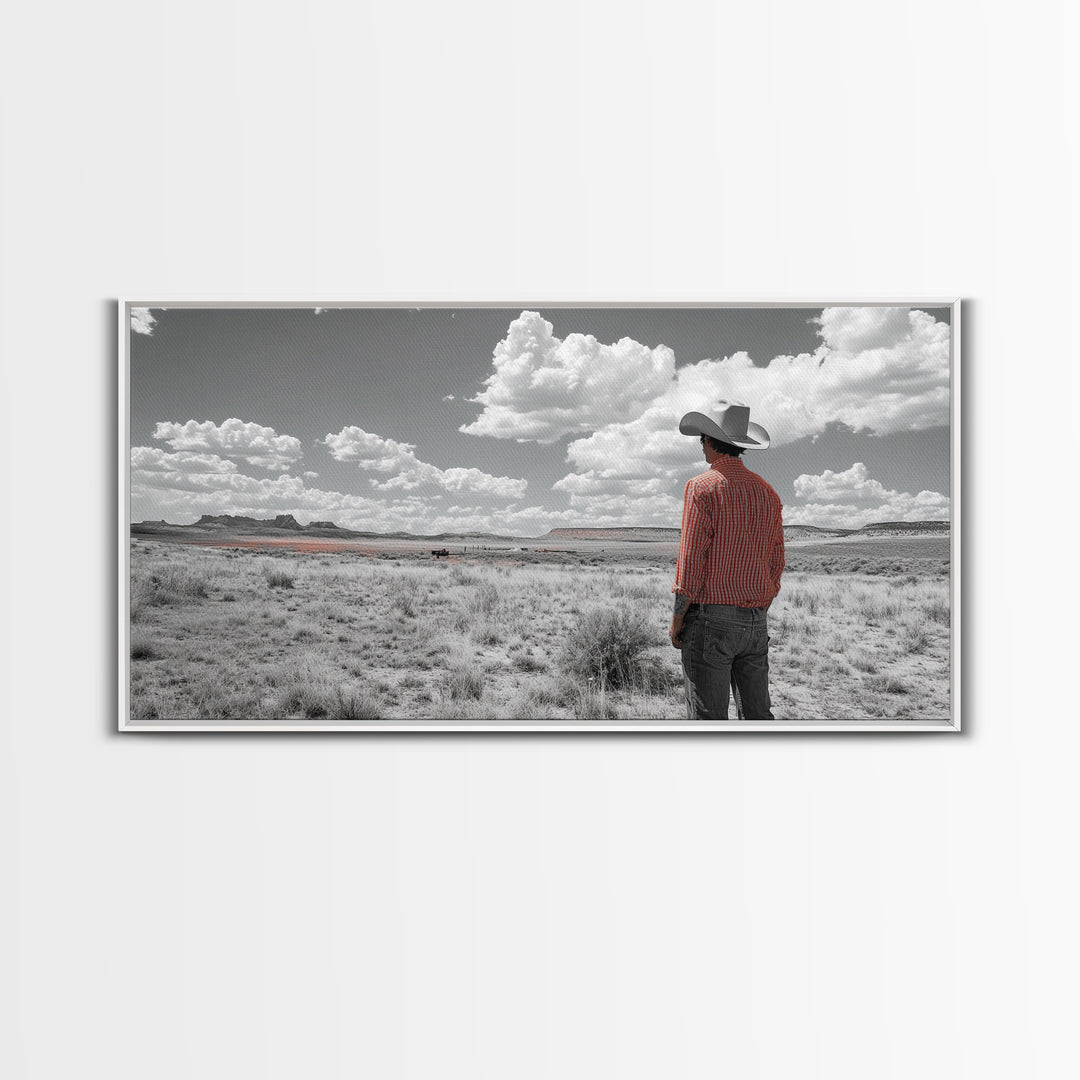 Cowboy Stare, Western Horizon, Desert Dream, American Spirit, Framed Canvas Print, Rustic Bedroom Art, Country Wall Decor, Western Style