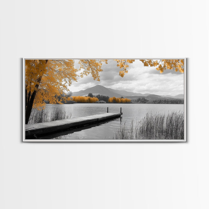 Autumn Lake, Golden Trees, Mountain Calm, Rustic Dock, Framed Canvas Print, Fall Living Room Art, Nature Landscape, Tranquil Cabin Decor