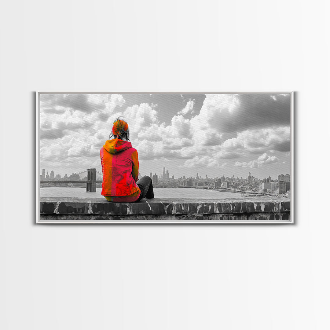 Rooftop View, Urban Woman, Brooklyn Bridge, Reflective Mood, Framed Canvas Print, Modern City Wall Art, Inspirational Office Decor