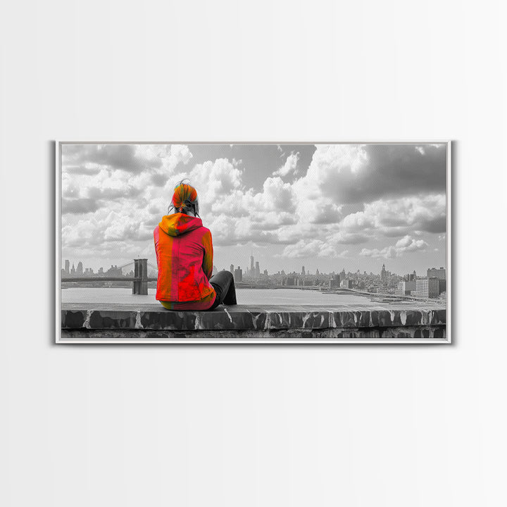 Rooftop View, Urban Woman, Brooklyn Bridge, Reflective Mood, Framed Canvas Print, Modern City Wall Art, Inspirational Office Decor
