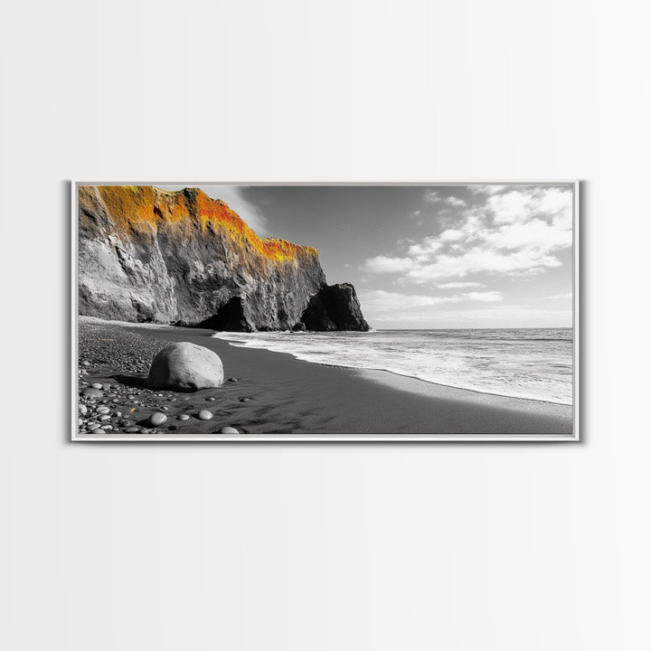 Coastal Cliff View, Monochrome Shore, Bold Nature Scene, Framed Canvas Print, Beach Wall Art, Dramatic Landscape, Modern Office Decor