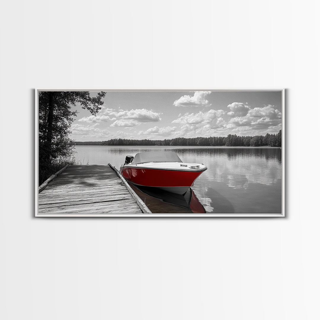 Rustic Boathouse, Red Canoe, Lake Reflection, Tranquil Nature, Framed Canvas Print, Cabin Wall Art, Autumn Lake House Decor