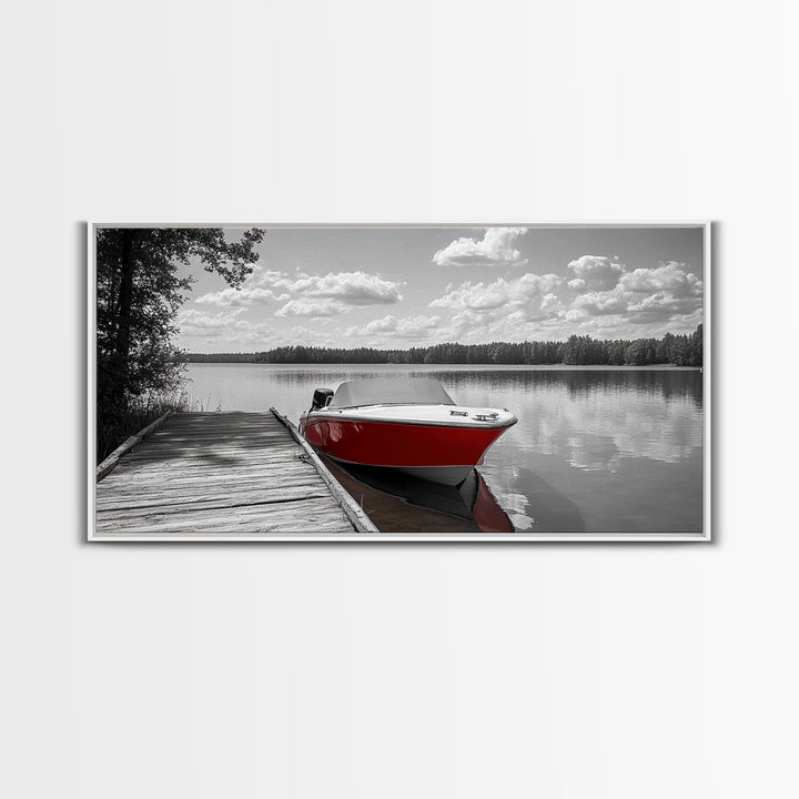 Rustic Boathouse, Red Canoe, Lake Reflection, Tranquil Nature, Framed Canvas Print, Cabin Wall Art, Autumn Lake House Decor