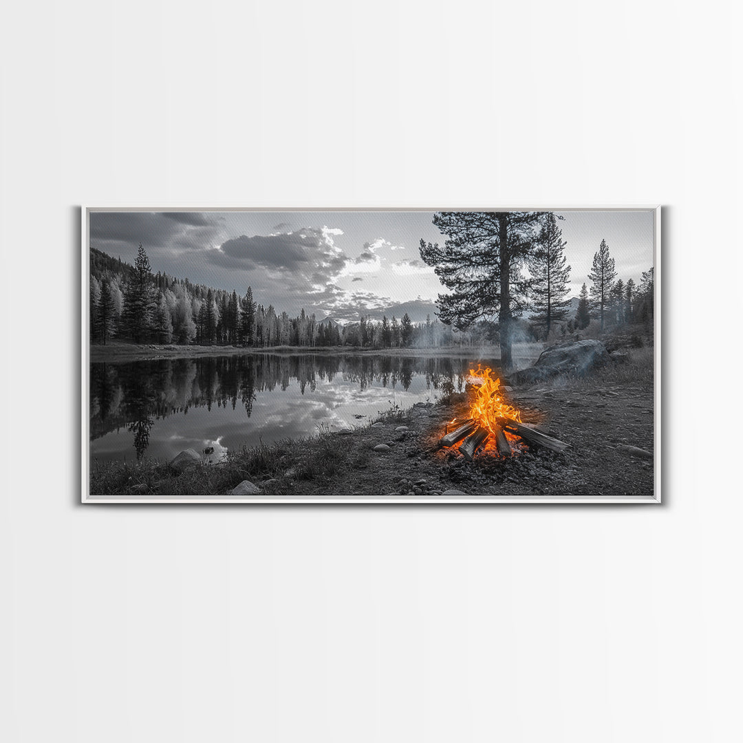 Campfire Sunset, Lake Reflections, Wilderness Escape, Nature Serenity, Framed Canvas Print, Rustic Decor, Autumn Wall Art, Living Room