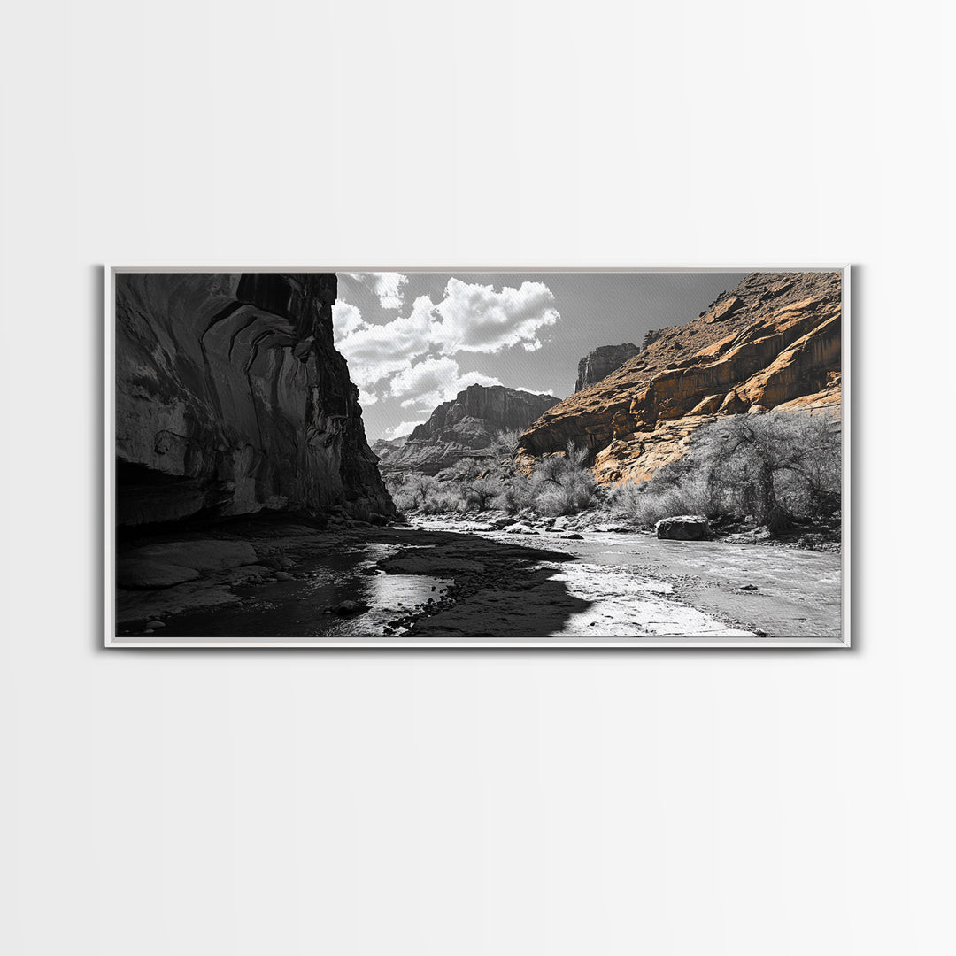 Desert Canyon, River Shadows, Rock Formations, Wild Terrain, Framed Canvas Print, Nature Wall Art, Earth Tone Decor, Living Room Style