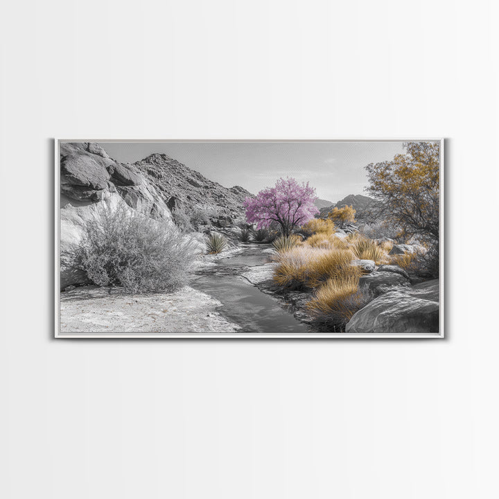 Desert Bloom, Surreal Landscape, Pink Tree, Earthy Desert Colors, Framed Canvas Print, Boho Living Room Wall Art, Southwestern Nature Scene