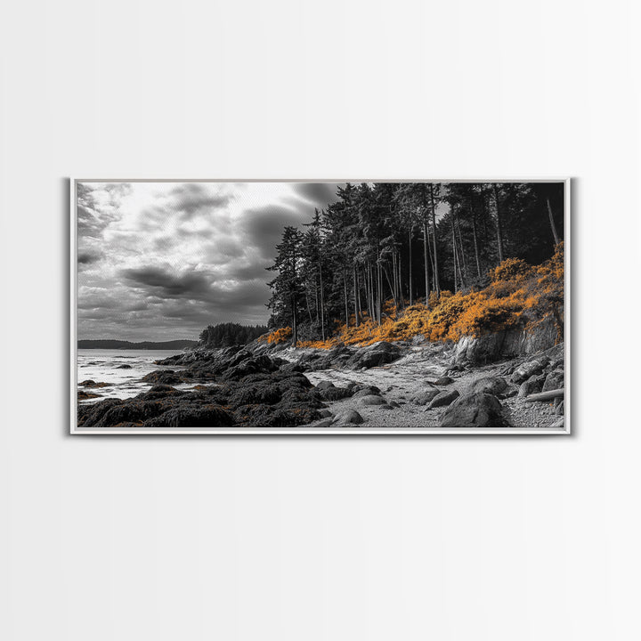 Autumn Coastline, Orange Forest Edge, Framed Canvas Print, Coastal Nature Art, Fall Wall Decor, Rustic Living Room Style, Moody Sky