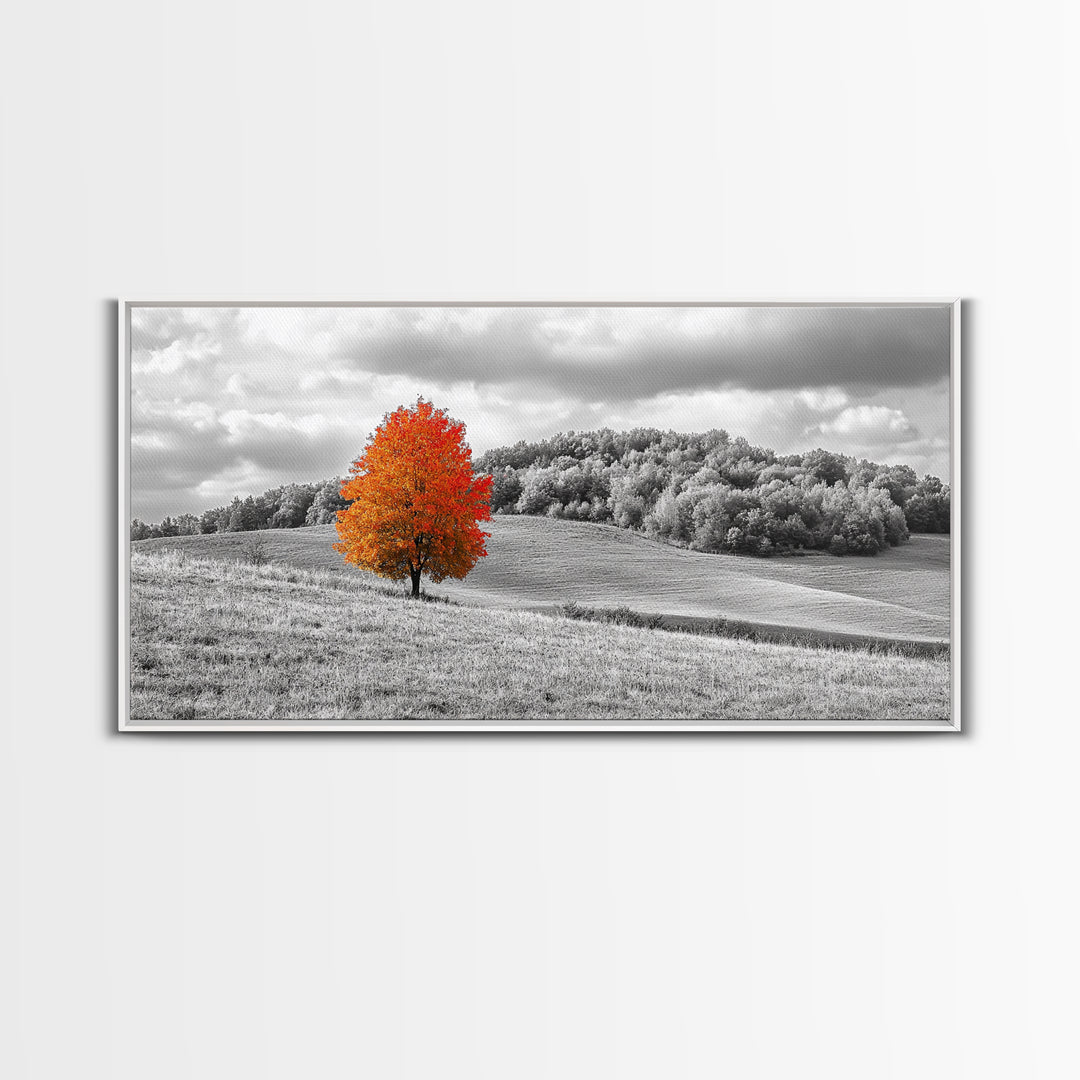 Autumn Tree, Rolling Hills, Minimalist Landscape, Fall Decor, Framed Canvas Print, Office Wall Art, Vibrant Red Orange Tree Scene
