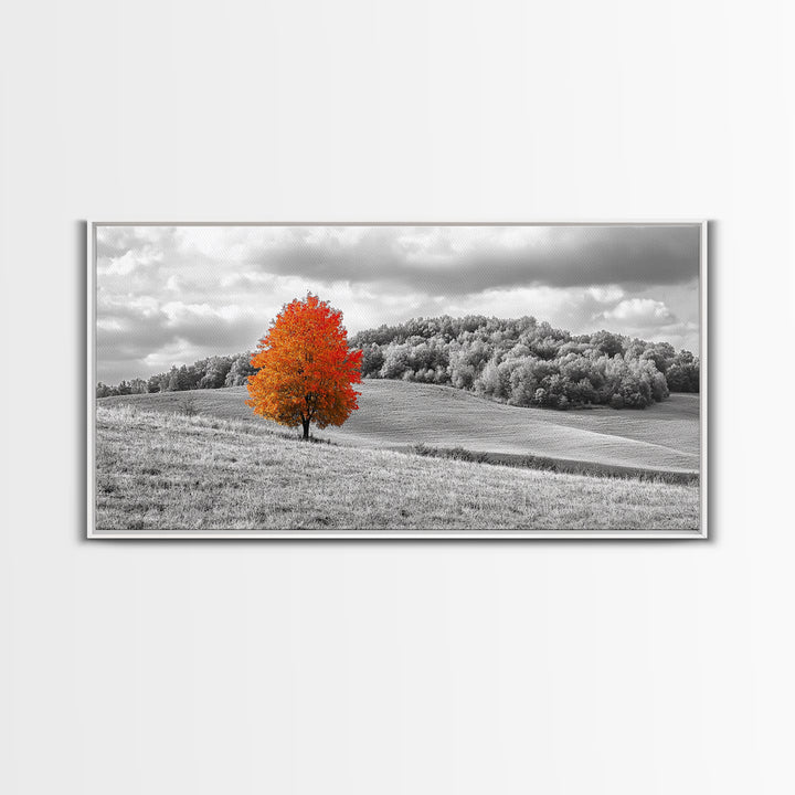 Autumn Tree, Rolling Hills, Minimalist Landscape, Fall Decor, Framed Canvas Print, Office Wall Art, Vibrant Red Orange Tree Scene
