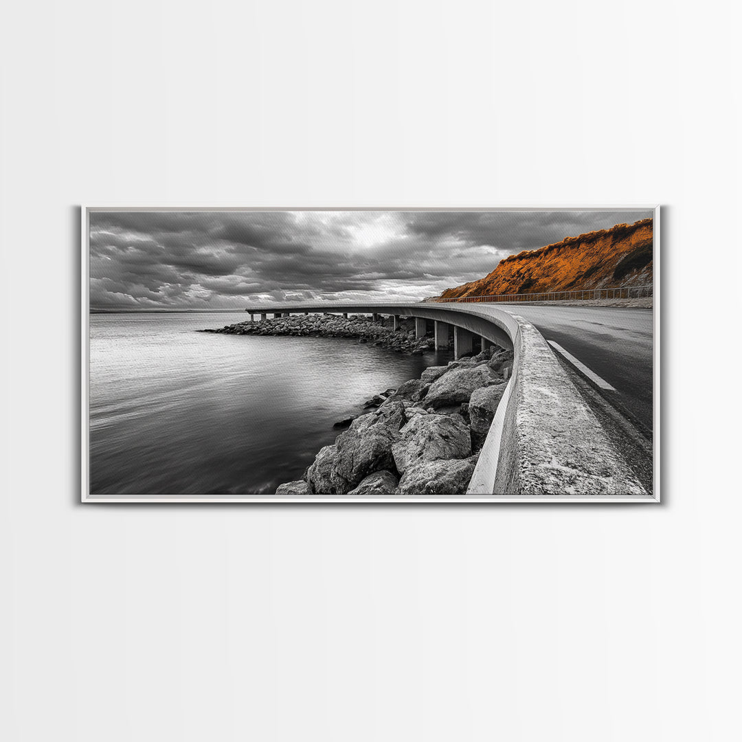 Cliffside Road, Autumn Drive, Ocean View, Stormy Sky, Canvas Print fall landscape art, modern hallway decor, minimalist travel scene