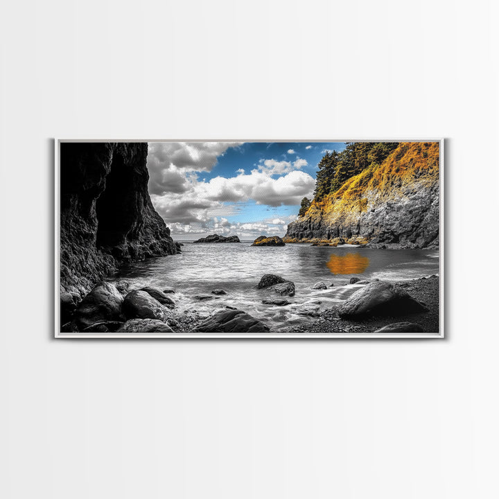 Rocky Cove, Coastal Escape, Golden Hillside, Ocean View, Canvas Print boho coastal art, fall themed decor, living room wall piece