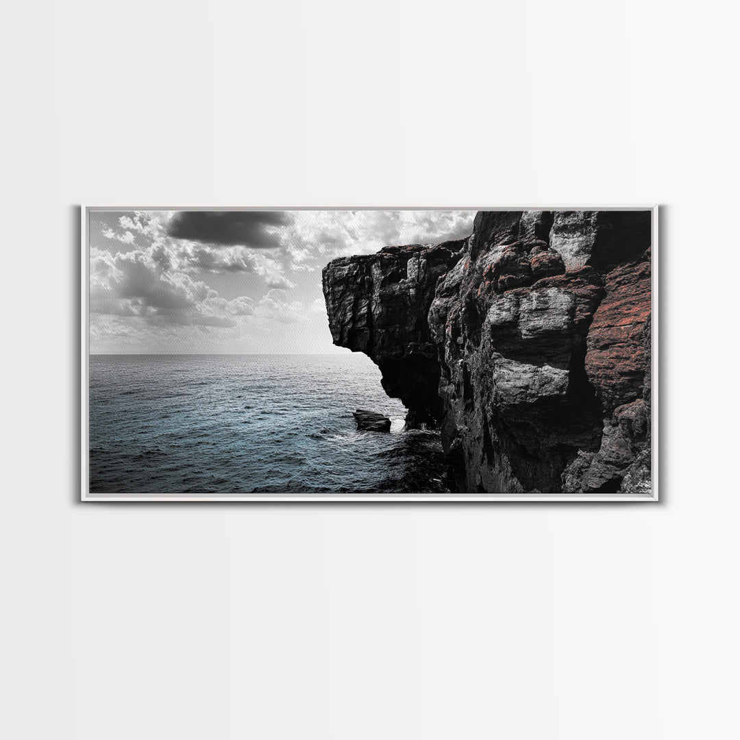 Cliff Edge, Ocean Drop, Moody Seascape, Dramatic Rock Face, Canvas Print modern landscape art, monochrome minimalist decor, bedroom wall art