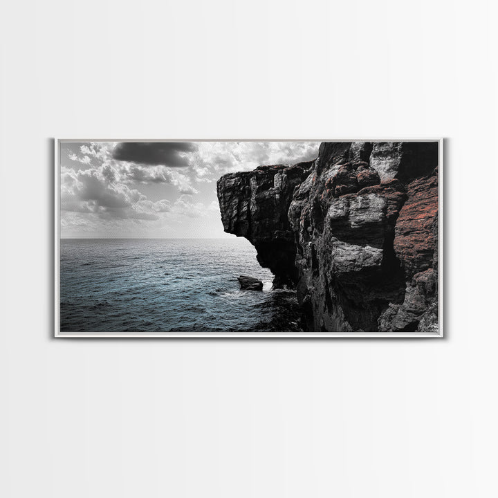 Cliff Edge, Ocean Drop, Moody Seascape, Dramatic Rock Face, Canvas Print modern landscape art, monochrome minimalist decor, bedroom wall art
