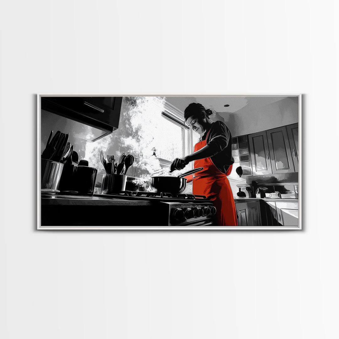 Bold Cooking Moment, Artistic Kitchen Scene, Red Apron Chef, Steam and Light, Framed Canvas Print, Kitchen Wall Art, Modern Pop Style