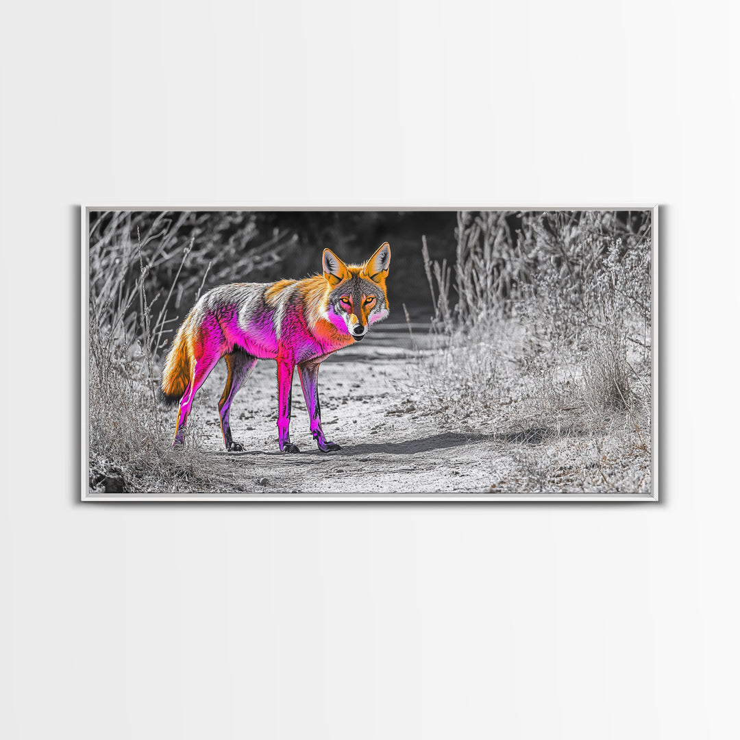 Neon Fox Portrait, Vibrant Wildlife Path Scene, Bright Nature Animal, Framed Canvas Print, Bedroom Wall Art, Psychedelic Animal Style