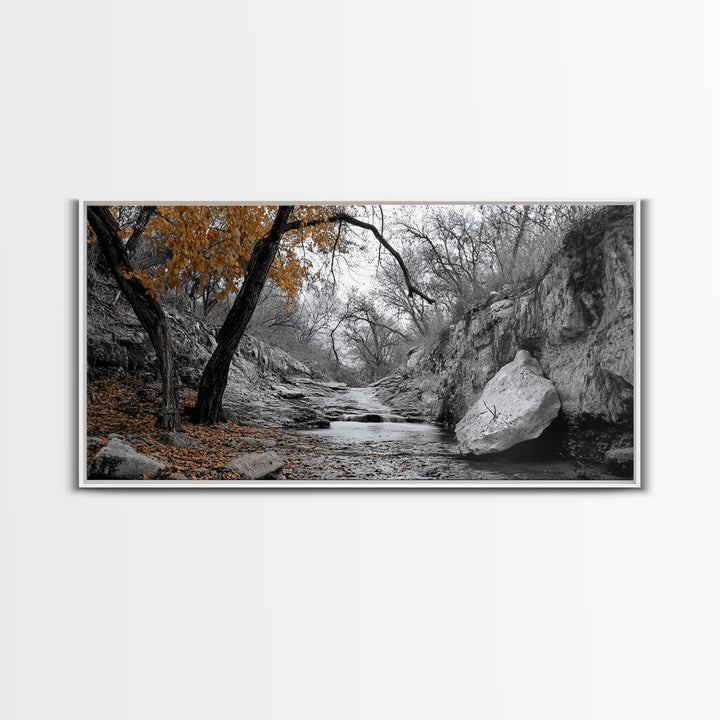 Autumn Stream, Orange Leaves, Waterfall Path, Framed Canvas Print, Fall Wall Art, Rustic Living Room Decor, Seasonal Nature Photography
