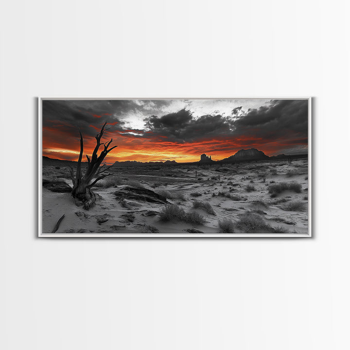 Desert Sunset, Red Sky, Monochrome Sand, Framed Canvas Print, Southwest Wall Art, Boho Bedroom Decor, Dramatic Nature Photography